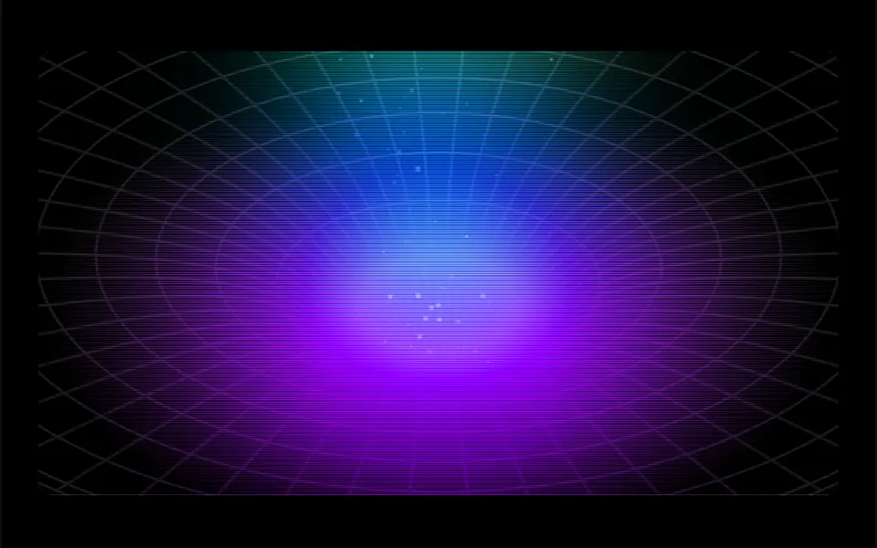 Abismo: Thin rings and lines form a tunnel that narrows to a point, with a column of colored light in the middle.