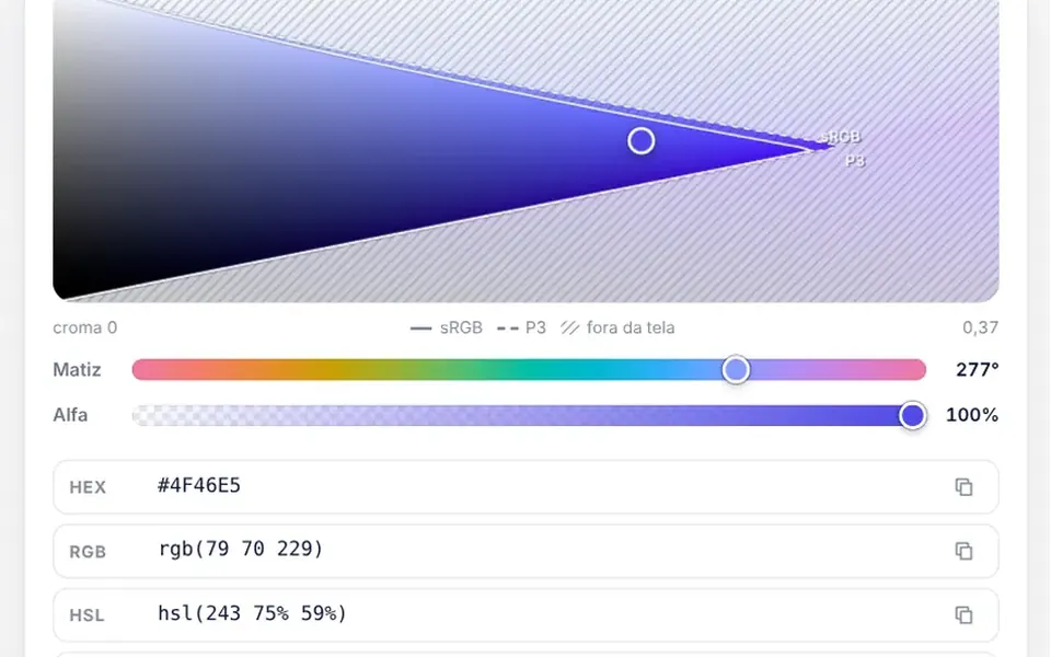 Anilina: Um seletor de cores completo, que mostra o que a tela consegue exibir, confere contraste e gera uma paleta.