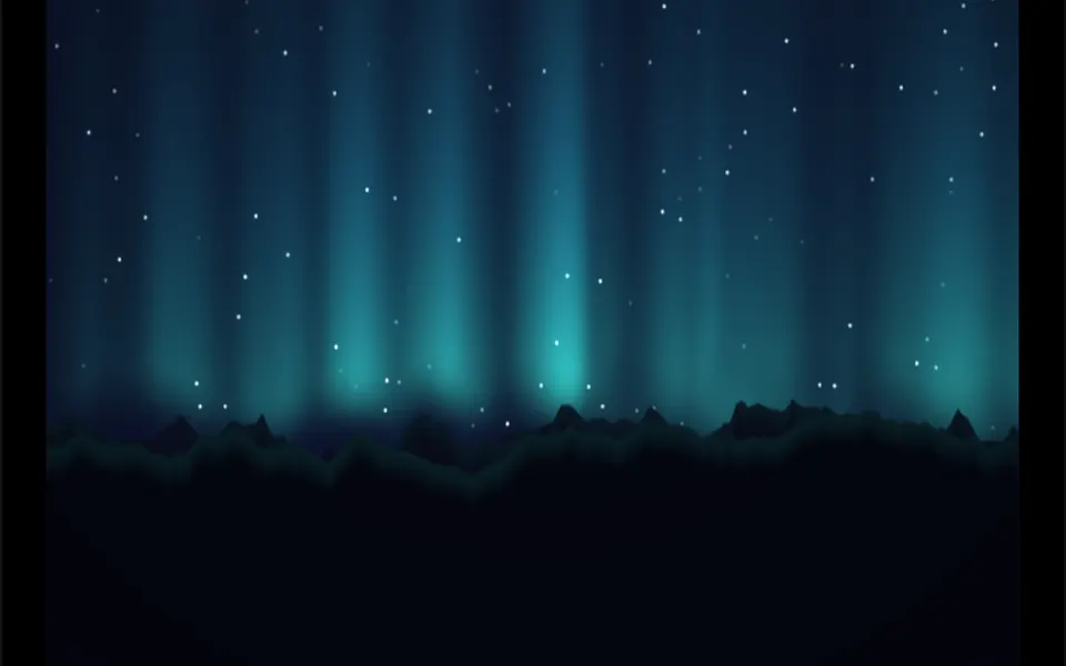 Aurora: A night sky with green and cyan curtains of light rippling over stars and a mountain range.