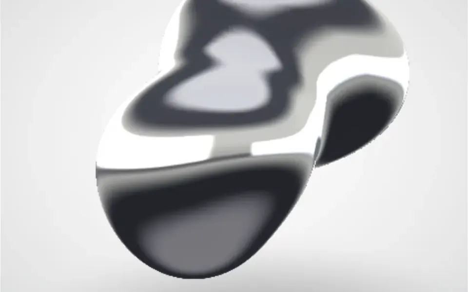 Azougue: A mirror-like drop of metal that pulses slowly, changes shape and stretches toward the cursor.
