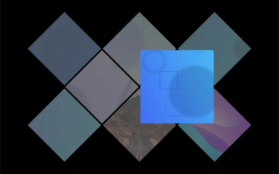Azulejo: Fotos recortadas em losango que se encaixam como um mosaico e viram quadrado inteiro ao passar o mouse.