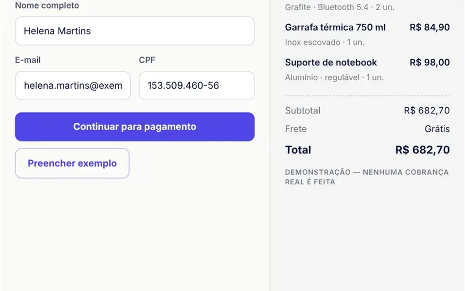 Balcão: A three-step payment screen with a Pix QR code, card installments and boleto, with the order summary alongside.