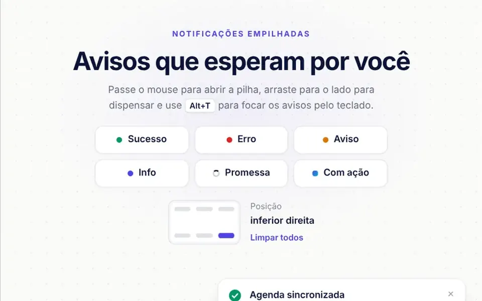 Baralho: Avisos que surgem no canto da tela, empilhados como cartas, e somem sozinhos ou com um arraste para o lado.