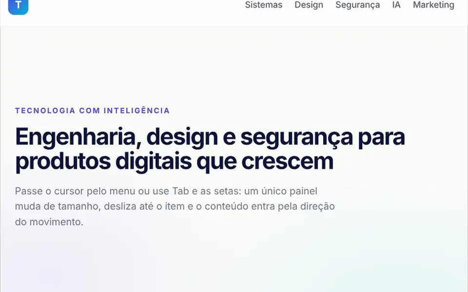Bonde: Um menu de cabeçalho em que um único painel desliza e muda de tamanho ao passar de um item para outro.
