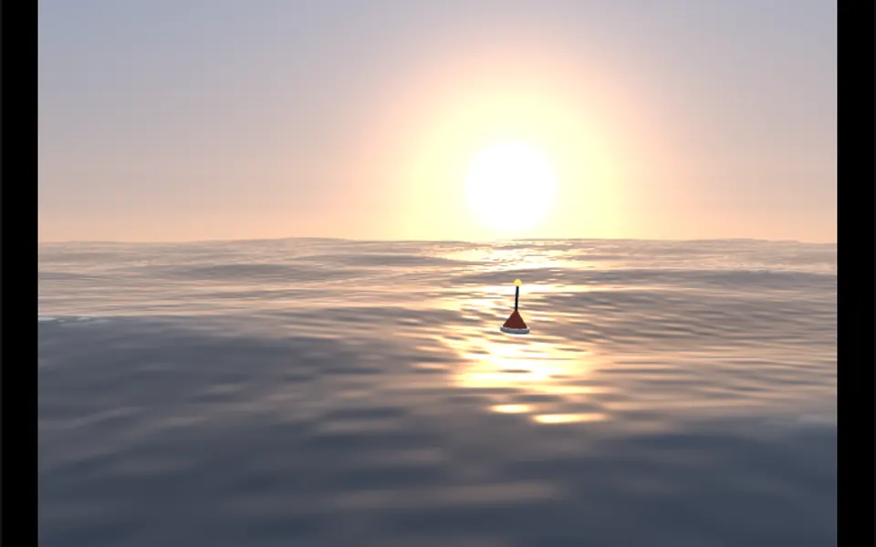 Calmaria: A calm sea at sunset, with moving waves, a golden reflection of the sun and a bobbing buoy.