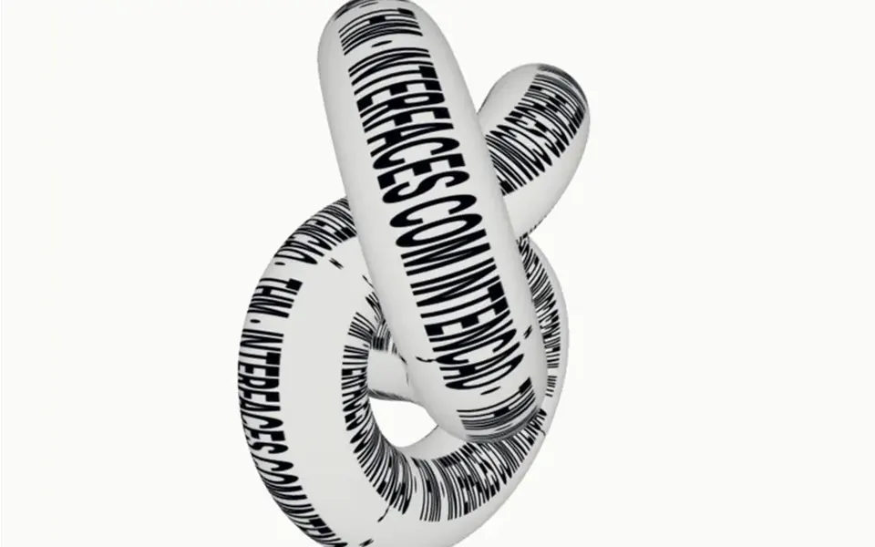 Cordel: A repeating phrase runs endlessly over a 3D knot that turns slowly and tilts with the mouse.
