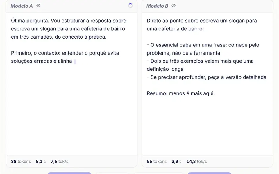 Degustação: Two AI models answer the same question side by side, unnamed, and you vote before finding out which is which.