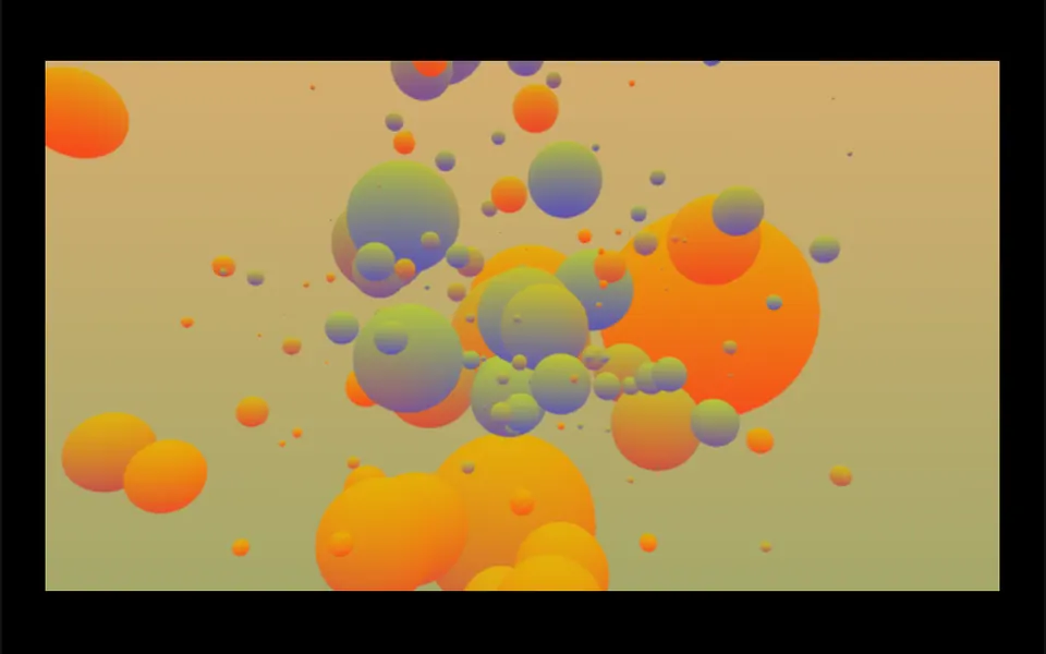 Entardecer: Hundreds of 3D bubbles drift slowly up and down over a sky that shifts from blue to orange.