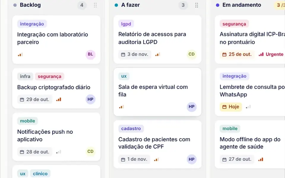 Esteira: Quadro de colunas com cartões que você arrasta entre etapas, com limite por coluna, prazos e prioridades.