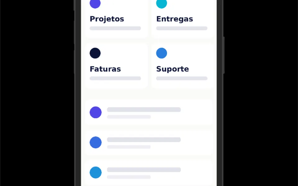 Estojo: Um iPhone desenhado em SVG, com a ilha no topo e o print do seu app ocupando a tela.