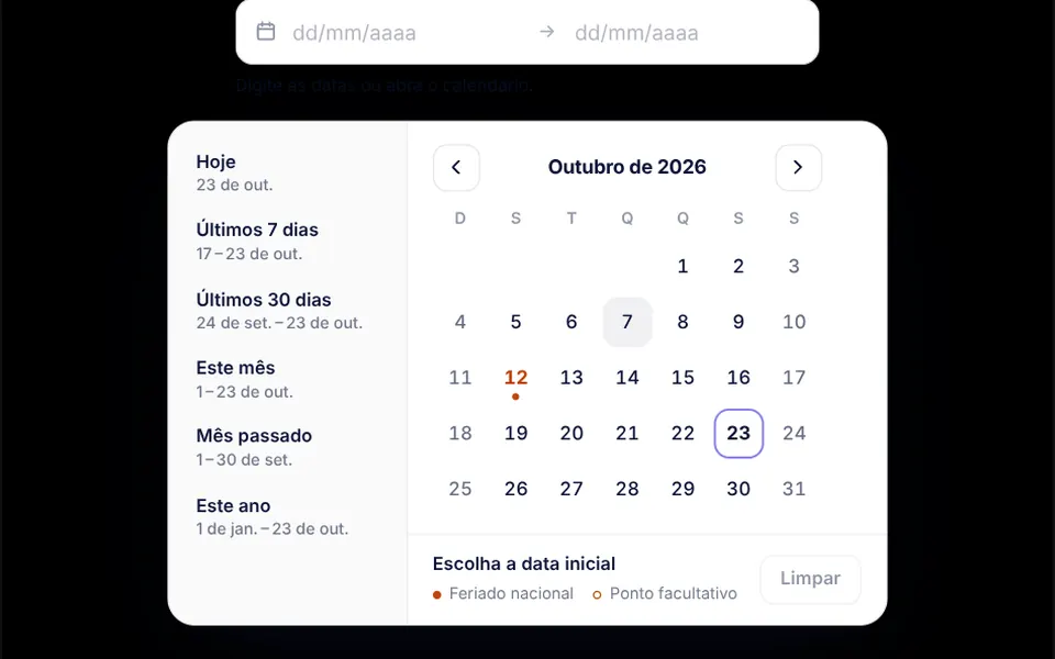 Folhinha: Calendário em português com dois meses lado a lado para escolher data inicial e final, com atalhos e feriados.