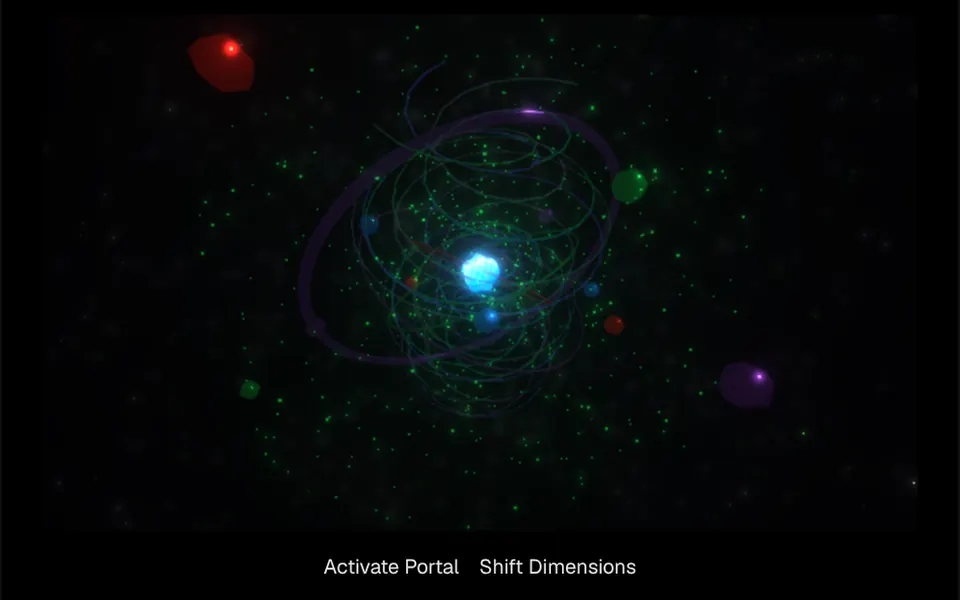 Fronteira: A science fiction portal with a core of light, rings, floating crystals and stardust, turning in deep space.