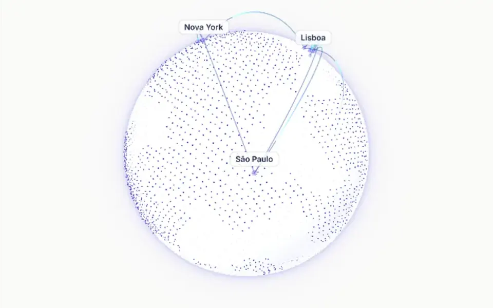 Globe Connections: Globo de pontinhos que gira sozinho, com arcos de luz ligando 12 cidades reais pelo mundo.
