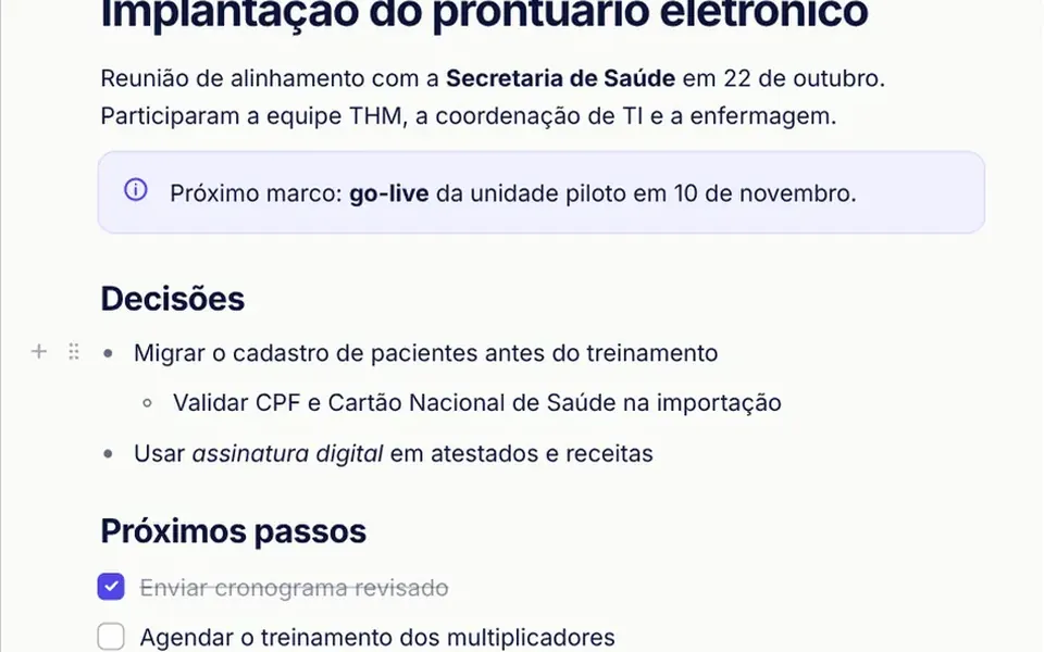 Lauda: Editor de texto em blocos: digite barra para inserir títulos, listas e tarefas, e arraste cada bloco para reordenar.