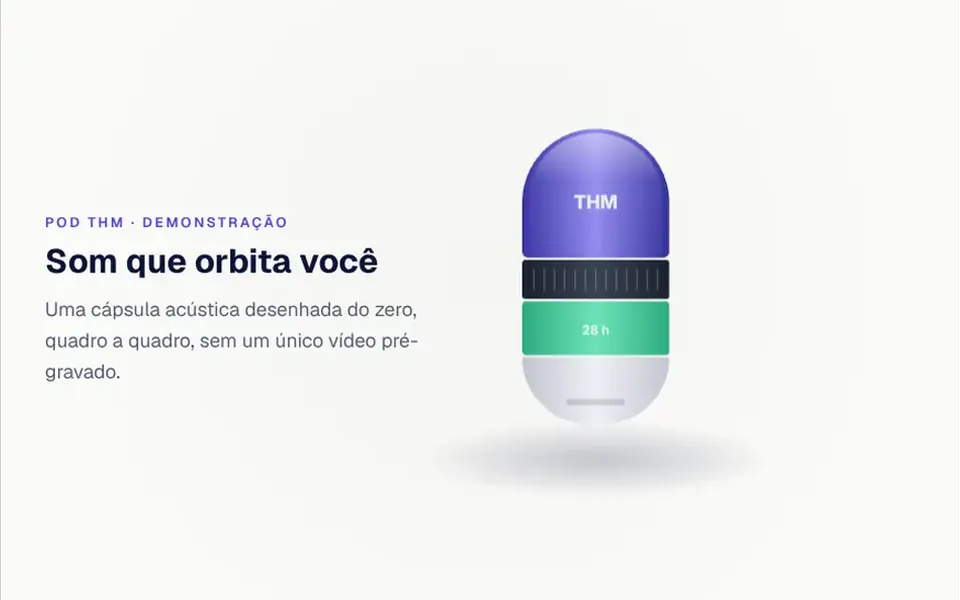 Maquete: Um produto desenhado em tempo real que gira, se separa em peças e volta a se montar conforme você rola.