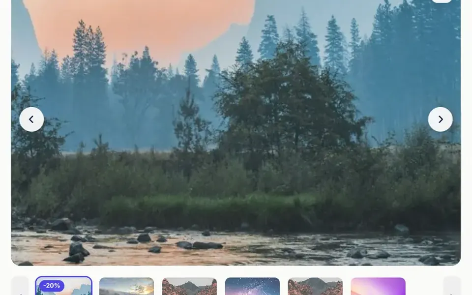 Mostruário: A main photo with a magnifier that enlarges details on hover, thumbnails below and a fullscreen view with zoom.