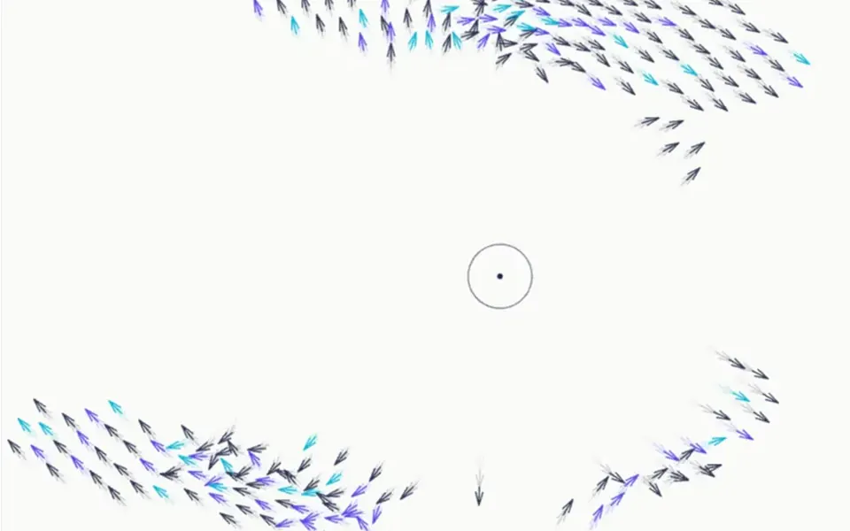 Piracema: Centenas de setas finas voam juntas como um bando de pássaros e se espalham quando o cursor chega perto.
