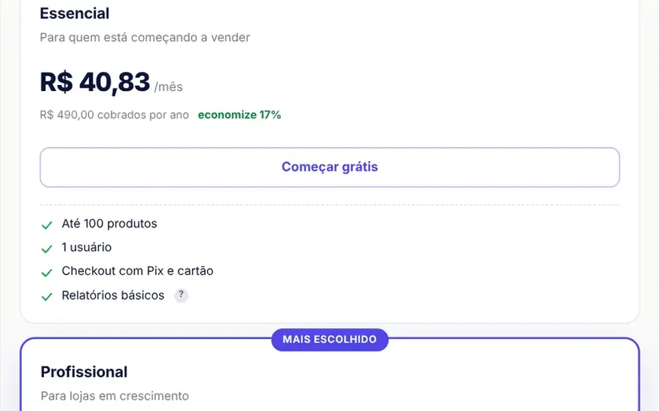 Pódio: Plan cards side by side with a monthly and yearly switch, a featured plan and a full feature comparison.