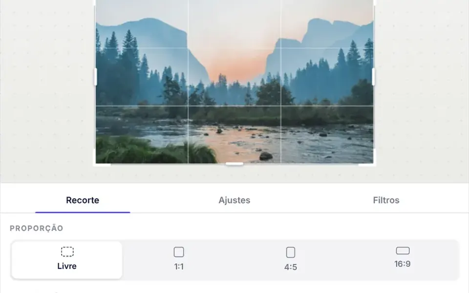 Prancheta: Editor de fotos dentro da página para recortar, girar, ajustar brilho e cor, aplicar filtros e exportar a imagem.