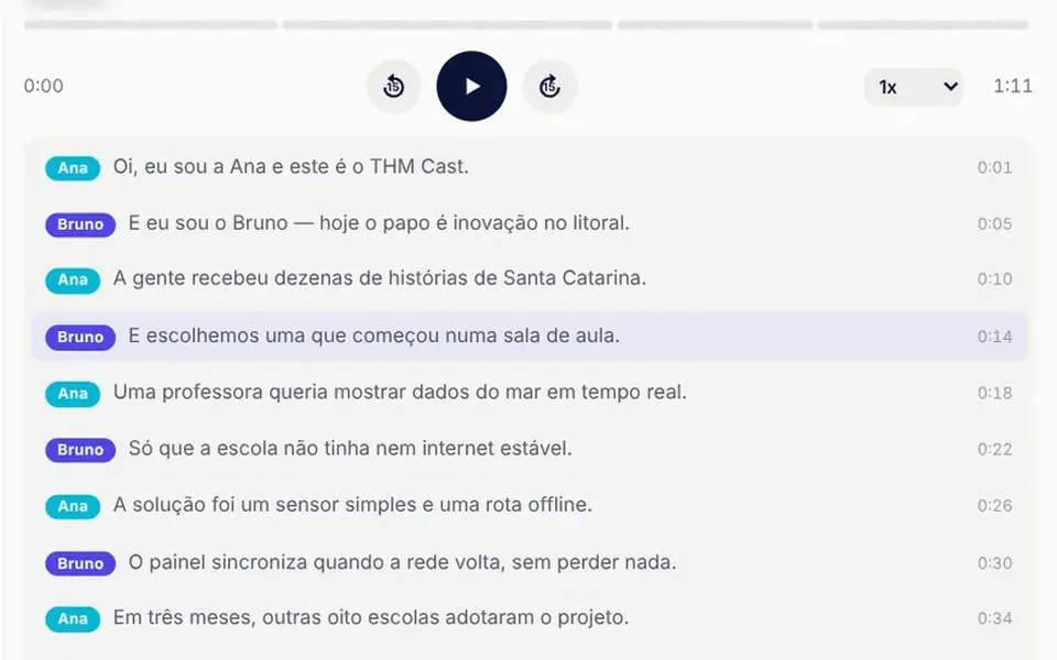 Sarau: A podcast player with chapters on the bar and a transcript that highlights and scrolls to the line being played.