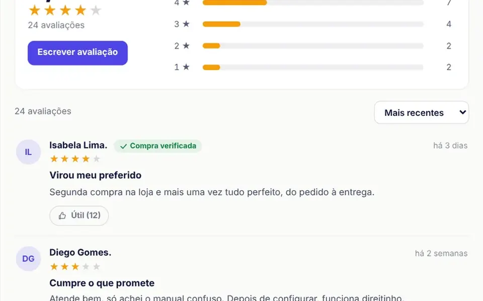 Veredito: Bloco de avaliações de clientes com nota média em estrelas, barras por nota, filtros, ordenação e formulário.