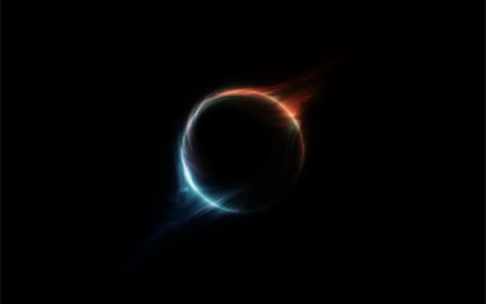 Voragem: A ring of orange and blue light spins around a dark center, like a black hole pulling in cosmic dust.